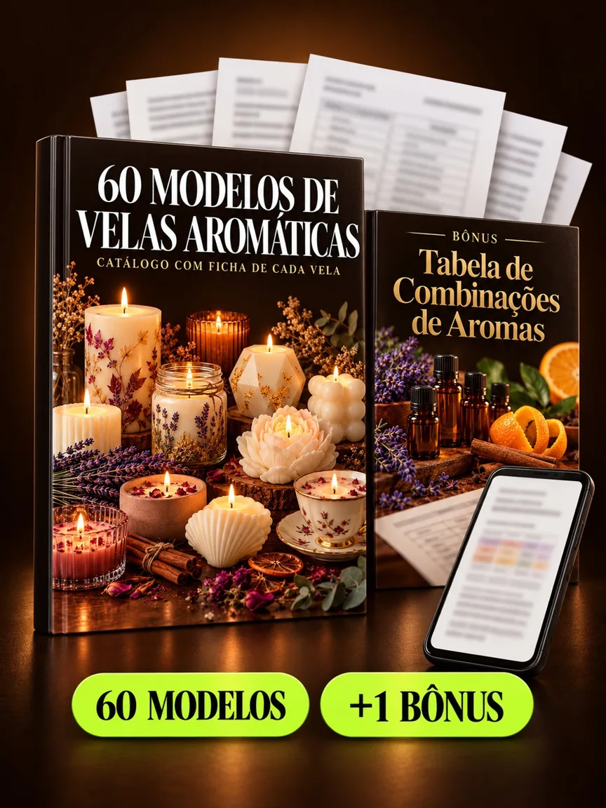 Montagem ilustrativa do 60 Modelos de Velas Aromáticas: livro com a capa, páginas do material e celular e capas dos bônus